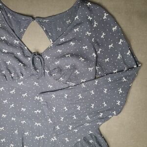 American Eagle Black Bow Print Long Flair Sleeve shorts romper Open Back Sz Med